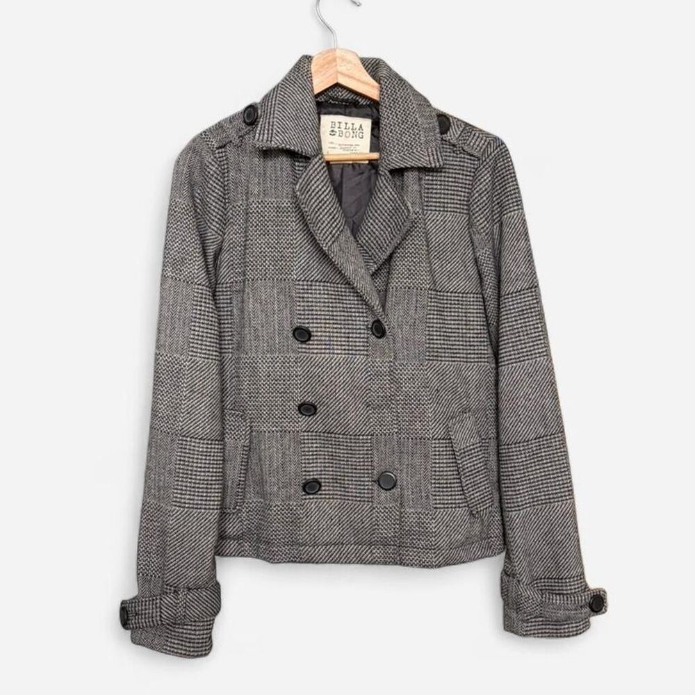 Y2K billabong plaid wool peacoat grey herringbone tail flap epaulets womans L